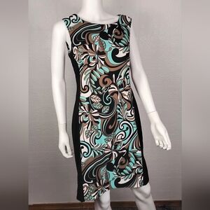 Connected Apparel Black and Teal Patterned Midi Dress